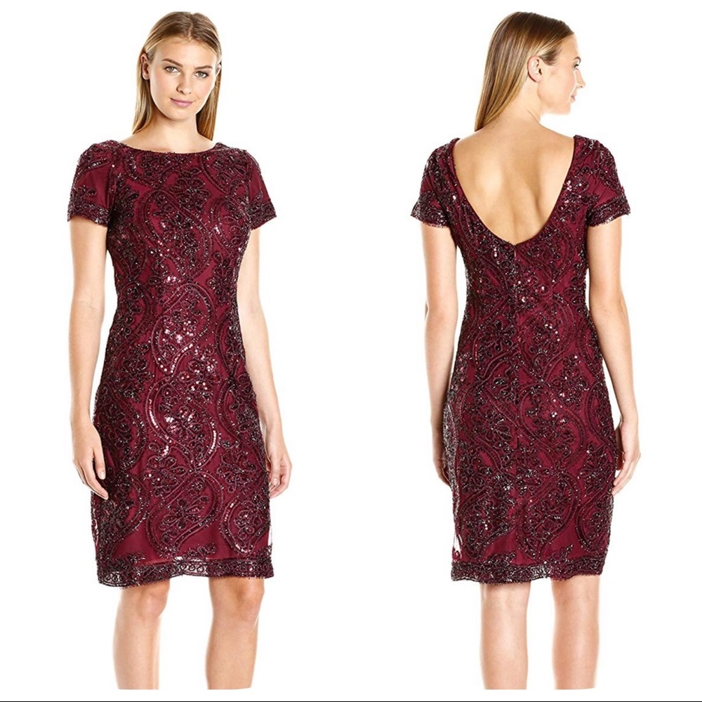 NWT Lace Sequin Embellished Embroidered Sheath Dress w/ Beaded Detail
